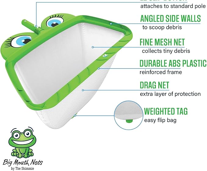 The Skimmie Ms. Frog Large Leaf Rake - 20" Wide Big Mouth Pool Leaf Skimmer Net for Deep Cleaning of Debris in Above Ground and In Ground Swimming Pools, Spa Hot Tubs, and Ponds