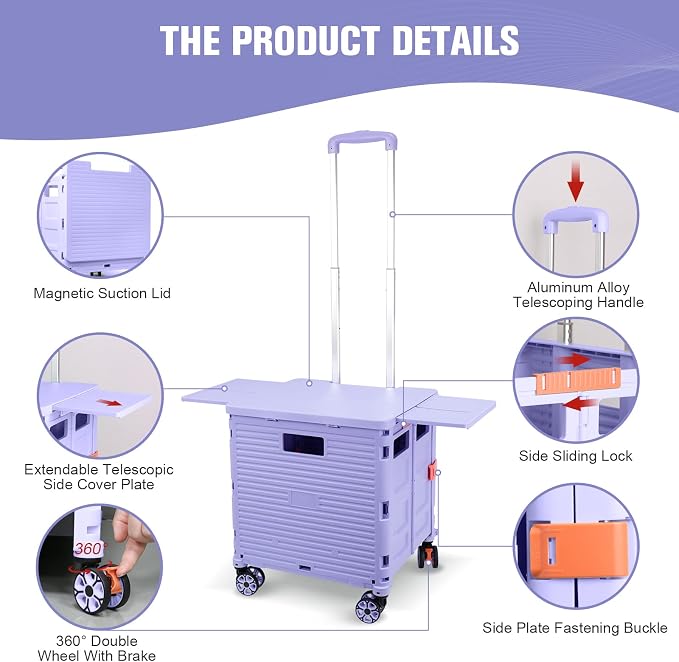 FELICON SELORSS Folding Utility Cart Portable Rolling Crate Handcart with Magnetic Sliding Lid Telescoping Handle Plastic Box Dolly 360°Swivel Wheels for Travel Shop Move Office Teacher(Purple Pro)