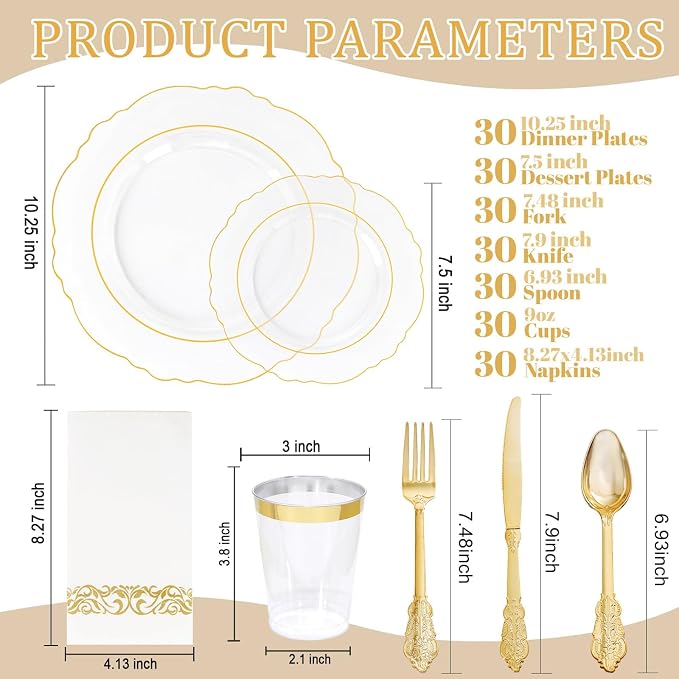 KIRE 210Pcs Clear and Gold Plastic Plates - Heavy Duty Clear Plates with Gold Rim - Disposable Dinnerware Sets of 60 Plastic Plate 90 Silverware 30 Cups 30 Napkins for Wedding/Party