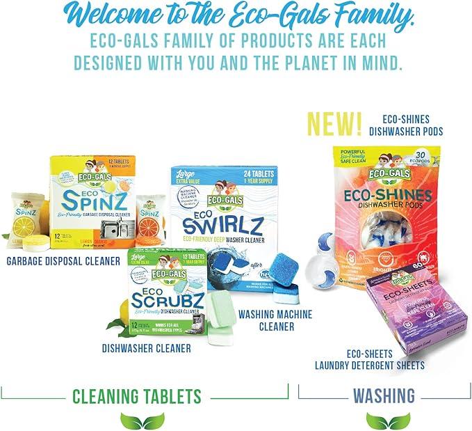 Eco-Gals Eco Scrubz Deep Dishwasher Machine Cleaner Unscented, 12 Count Tablets - 1 Year Supply plus Eco-Shines Dishwasher Detergent Pods With 3 in 1 Power of Liquid, Powder, and Gel for Brig
