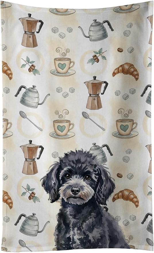 Caroline's Treasures Toy Black Poodle Coffee Bar Kitchen Towel Velour Plush Front and Cotton Loop Back Machine Washable