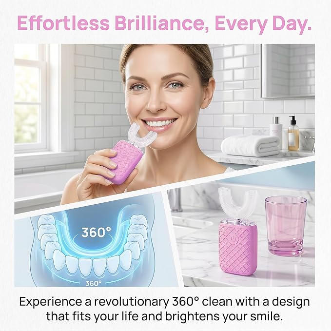 Sonic Electric U Shaped Toothbrush for Adults, Automatic Full Mouth Cleaning Toothbrush, 360° Stain Removal, IPX7 Waterproof Rechargeable, 3 U-Shape & 2 Straight Brush Heads (Pink)