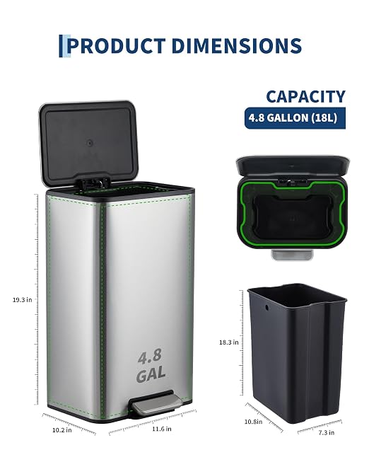 GarveeHome 4.8 Gallon Trash Can, Rectangular Stainless Steel Waste Bin with Quiet Foot Pedal, Soft-Close Lid & Removable Bucket, Silver Garbage Can for Office, Small Kitchen, Home