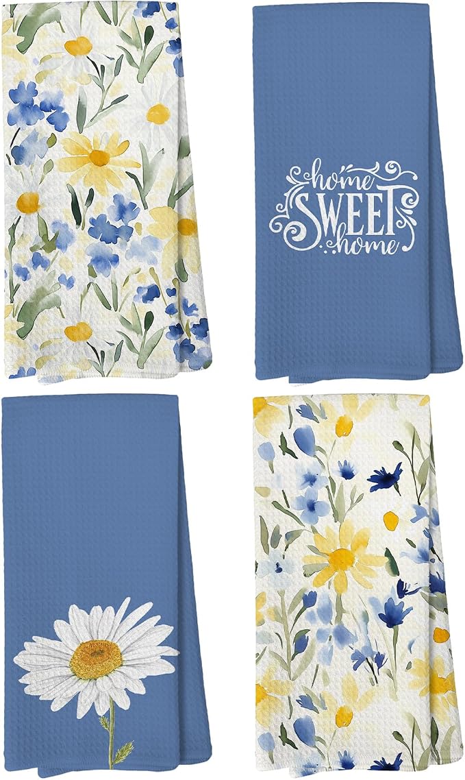 Summer Daisy Floral Kitchen Towels Set of 4, Daisy Lover Gifts Dish Hand Towels Decorations, Blue Farmhouse Seasonal Watercolor Flower Towel for Kitchen Bathroom Decor, 16 x 24 Inch