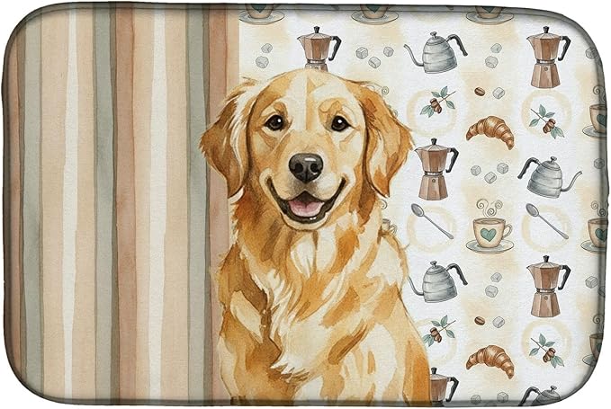 Caroline's Treasures Golden Retriever Coffee Bar Dish Drying Mat Absorbent Dish Drying Mat Pad for Kitchen Counter Dish Drainer Mat for Countertop, 14 x 21", Multicolor