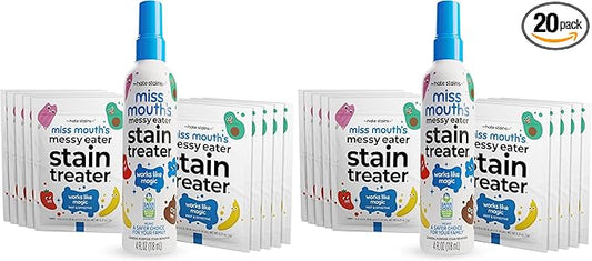Miss Mouth's Messy Eater Stain Treater Spray - 4oz & 10 Wipes Stain Remover - Newborn & Baby Essentials - No Dry Cleaning Food, Grease, Coffee Off Laundry, Underwear, Fabric (Pack of 2)
