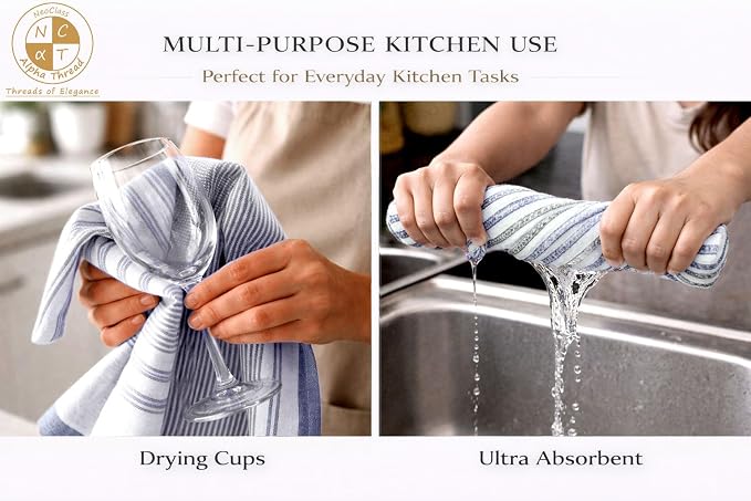 Pack of 12 Cotton Kitchen Towels Set, Dish Towels, Cleaning Rags, Kitchen Dish Cloths for Washing Dishes, Cotton Cleaning Cloths, Ultra Soft, Lightweight & Quick Dry, Flat Weave, 28"x18", Denim & Gray