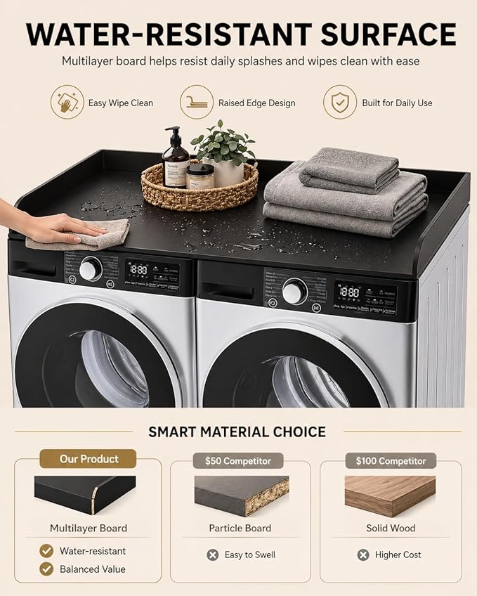 FlyGeneral Washer and Dryer Countertop, 54" Width x 27.5" Deep, Black | Laundry Folding Surface for Clothes, Quick Install Design, Raised Edge Prevents Items Falling, Fits Front Load Washer Dryer