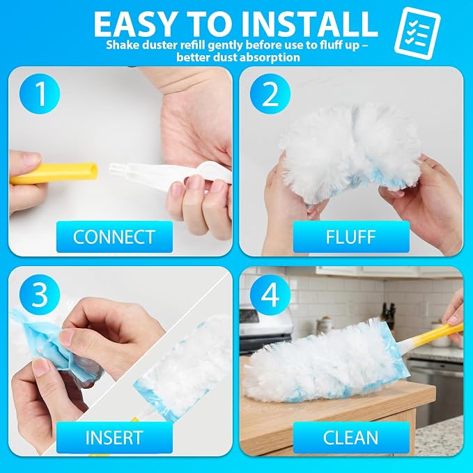 60 Count Duster Refill for Swiffer Duster with 1 Handle - 360° Multi-Surface Larger Size Feather Dusters, Disposable Duster Kit for Cleaning Home, Furniture, Blinds and Ceiling Fans