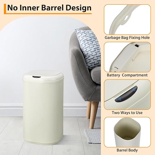 30L (8 Gallon) Beige Stainless Steel Motion Sensor Trash Can - Touchless Automatic Lid, Cylindrical Smart Waste Bin for Kitchen Bathroom Living Room Home Office