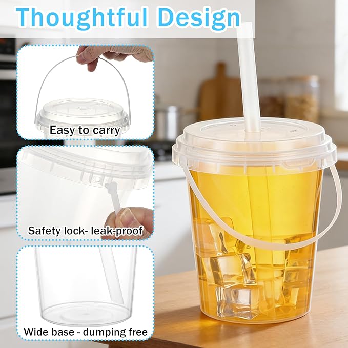 50 Sets Clear Plastic Drink Buckets with Lids Straws and Handles 34 oz Disposable Ice Cream Cups Cocktail Drinking Buckets for Outdoor Holiday Travel Beach Birthday Party Supplies
