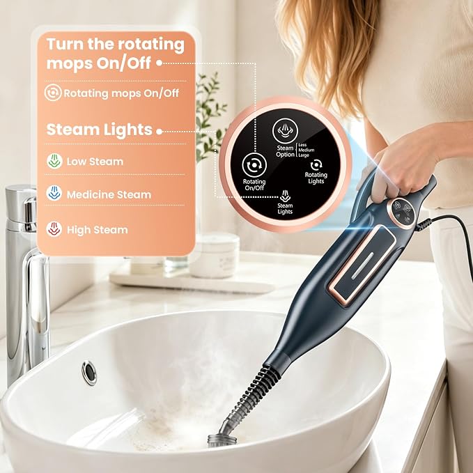 DEVOAC VM6 Scrubbing Steam Mop with Rotating Mop Pads, 10 in 1 Steam Mop, Lightweight Spin Mop & 3 Steam Modes for Hard Floor Laminate Marble Floors (Dark)
