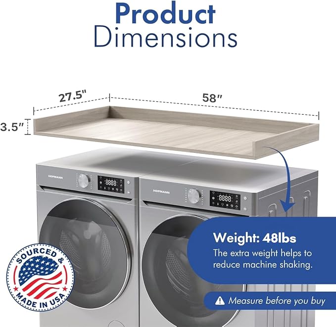 OfficeSimpli Washer Dryer Countertop, Made in USA, Non-Slip Pads, Laundry Room Wood Topper, Washer Dryer Cover for Top, Laundry Countertop, Laminate Finish (Rustic Oak, Large (27.5" x 58"))