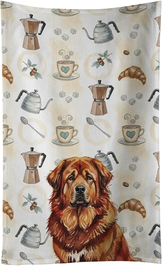 Caroline's Treasures Red Gold Tibetan Mastiff Coffee Bar Kitchen Towel Velour Plush Front and Cotton Loop Back Machine Washable