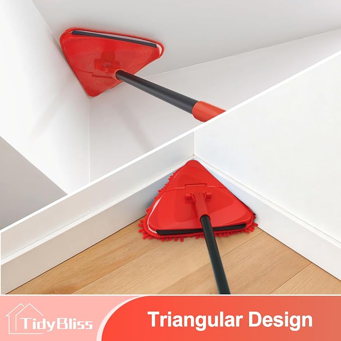TidyBliss Wall Cleaning Mop with Long Handle 80”, Ceiling Duster Scrubber with 360° Swivel Collapsible Head, Baseboard Cleaner Tool with 3 Chenille and 3 Microfiber Pads for Windows Floor (Red)