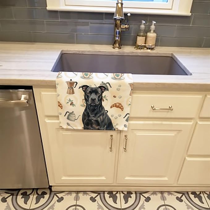 Caroline's Treasures Black American Staffordshire Terrier Coffee Bar Kitchen Towel Velour Plush Front and Cotton Loop Back Machine Washable