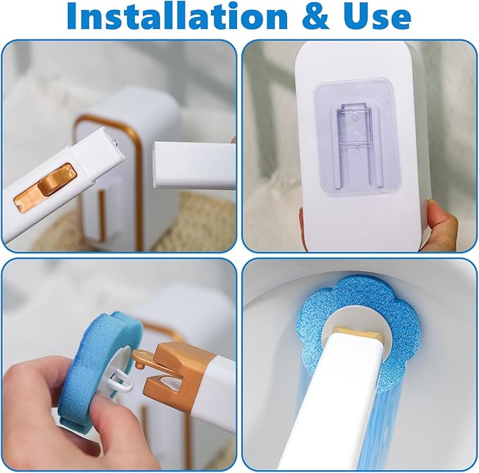 Disposable Toilet Brush with 48 Cleaner Refills, Toilet Brush Disposable with Wall Mounted Holder and Extended Handle for Showers and Bathroom Cleaning