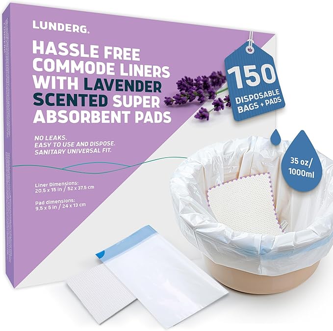 Lunderg Commode Liners with Absorbent Pads - Lavender Scent Medical Grade 150 Count Universal Fit - Disposable Bedside Commode Liners and Pads for Adult Chairs, Portable Buckets & Camping Toilet Bags