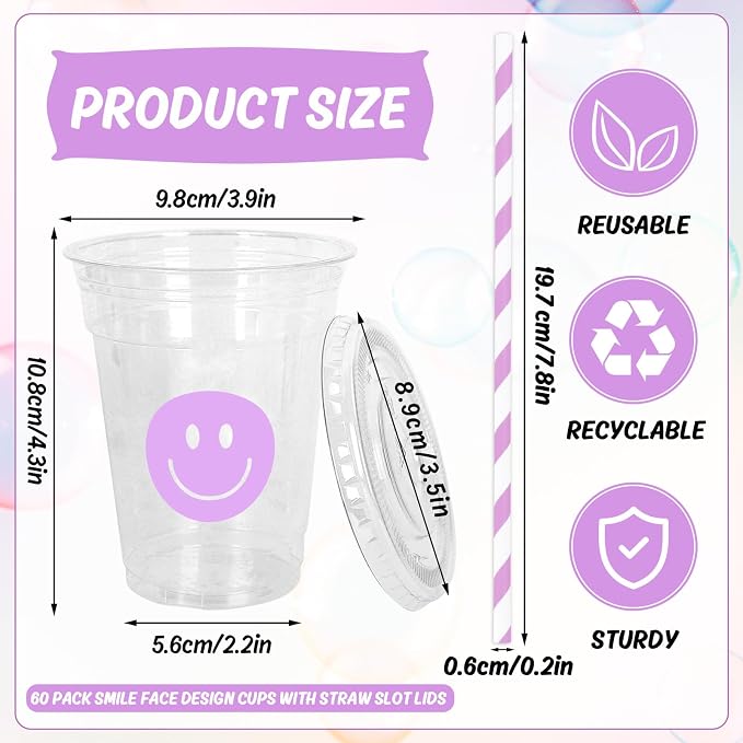 Whaline 60 Pcs Smile Face Disposable Plastic Cups with Lids and Straws 12 oz Pastel Preppy Smile Pattern Cold Beverage Drinking Cup for First Birthday Baby Shower Wedding