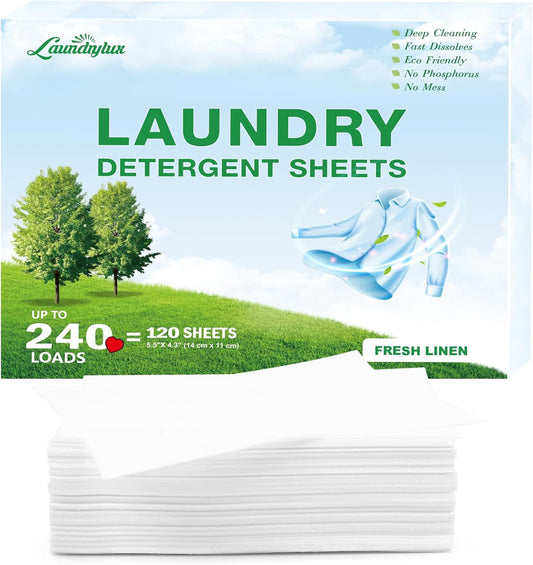Laundry Detergent Sheet, Eco-Friendly & Hypoallergenic Wash Strips, Natural Ingredients, Ultra-Concentrated, Travel-Ready, No Plastic Jug- Fresh Scent, (240 Loads) 120 Sheets