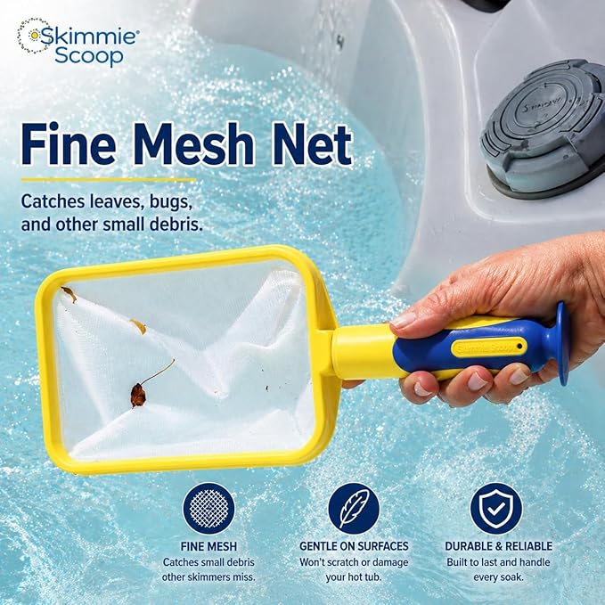 The Skimmie Scoop - Patented Handheld Skimmer with Fine Mesh Net for Spa, Hot Tub, Cold Plunge and Small Pool Cleaning - Lightweight and Durable with Powerful Suction Cup - Clean Out Filter (Yellow)