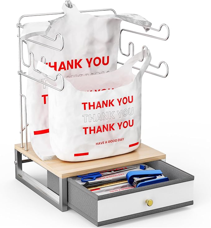 Plastic Grocery Bag Holder with Drawer, Metal Plastic Bag Organizer, Detachable Trash Bags Holder Dispenser Storage for T-Shirt, Shopping Bags, for Groceries Store, Supermarket (White)
