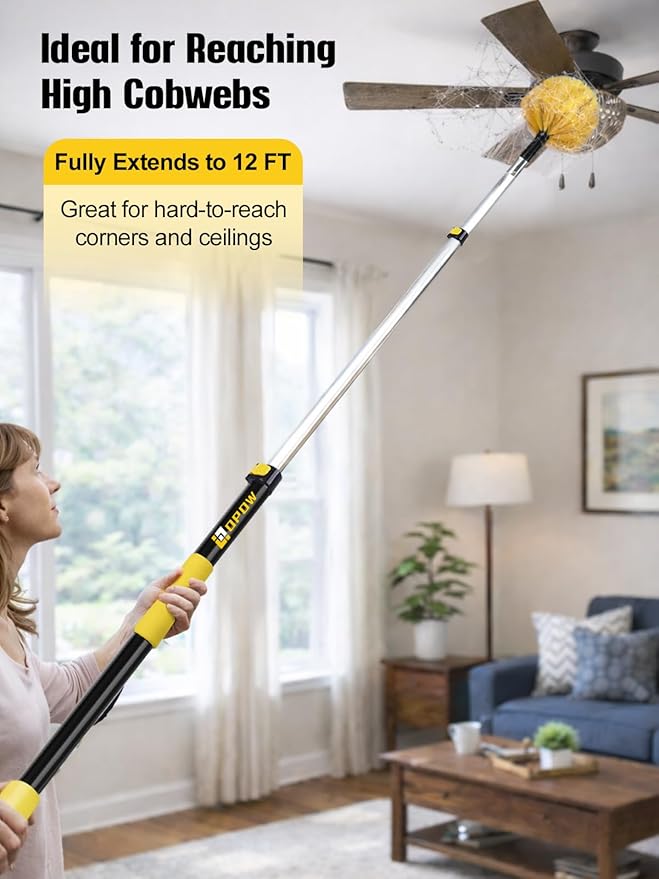 5-12Ft Telescoping Cobweb Duster with Extension Pole, 25Ft High Reach Lightweight Aluminum Duster, 2 Washable Replaceable Spider Web Brush Heads, 270° Swivel Joint for Indoor Outdoor Ceilings/Garage