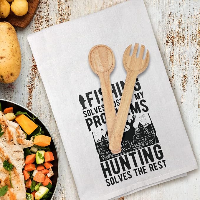 Mothers Day Decor Flour Kitchen Towels Fishing Solves Problems Hunting Solves Rest Fishing Cleaning Supplies Dish Towels Design Only