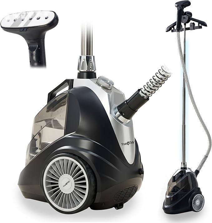 True & Tidy Luxury Upright Commercial Garment Steamer, Smart Auto Shut-Off Technology, 10 Steam Settings w/Wheels, 1800W Powerful Standing Clothes Steamer Fast Wrinkle Removal for Home & Business Use