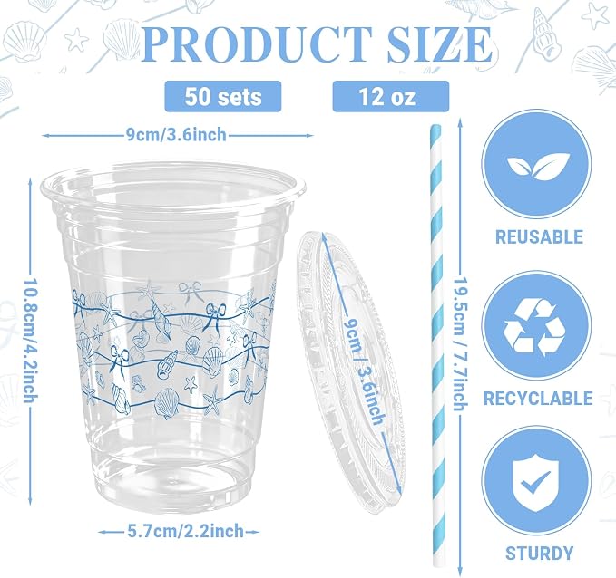 50 Sets Ocean Plastic Cups with Lids Straws 12 oz Blue Starfish Seashell Bow Disposable Cups Clear Under The Sea Drinking Cold Beverage Cup for Summer Beach Party Supplies