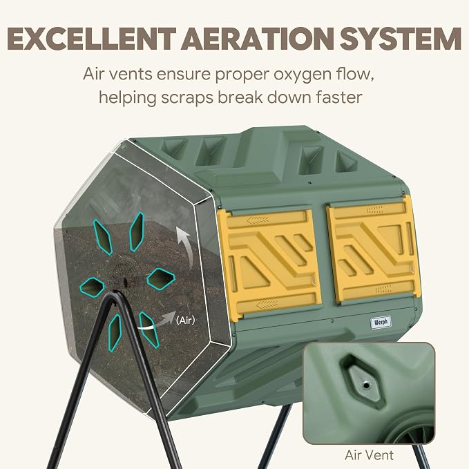 Werph Updated 43 Gallon Dual-Chamber Compost Bin, Fast Assembly Outdoor Compost Tumbler, Rotating Batch Composter Bin with Gloves for Garden, Kitchen, and Yard