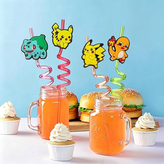 30pcs Electric mouse Straws Pokemon Party Supplies Favors With 2pcs Cleaning Brush Plastic Reusable Straws Birthday Party Supplies For Boys Girls