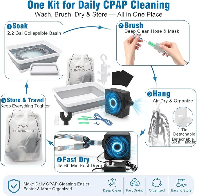 11 Pack CPAP Cleaning Kit for Hose & Mask, with Speed Control Hose Dryer, Collapsible Wash Basin & Hose Hanger, 7ft Cleaning Brush, CPAP Cleaning Supplies with Storage Bag, for 22mm & 15mm Tube