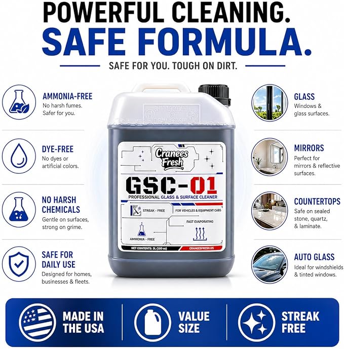 GSC-01 Professional Glass & Surface Cleaner, Streak-Free, Ammonia-Free, Liquid, for Windows, Mirrors & Auto Glass, 100 oz | Bulk Jug
