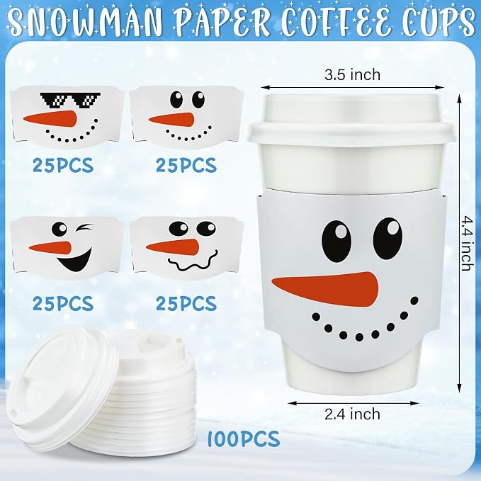 Ziliny 100 Pack 12 oz Christmas Disposable Paper Cups with Lids and Coffee Cup Sleeves Xmas Chocolate Cups Holiday Coffee Cups Snowman Paper Cups for Hot Cold Drinks Beverage Party Supplies