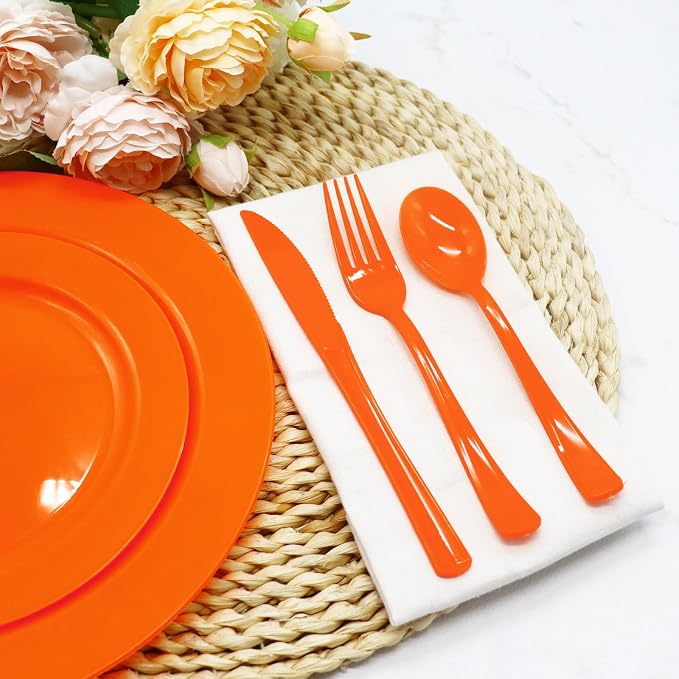150 Pack Orange Plastic Silverware, Orange Plastic Cutlery Disposable Includes 50 Forks, 50 Spoons, 50 Knives for Birthday, Party, Holiday