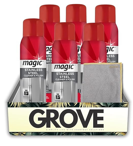 6x Stainless Steel Cleaner 17oz by Magic – Polish Wipes Bundle with Microfiber Towel – Foaming Formula Clings to Surfaces, Easy Application for Shiny Stainless – Gift Set (7 Items)