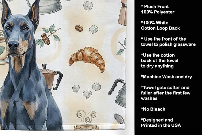Caroline's Treasures Blue Doberman Pinscher Coffee Bar Kitchen Towel Velour Plush Front and Cotton Loop Back Machine Washable