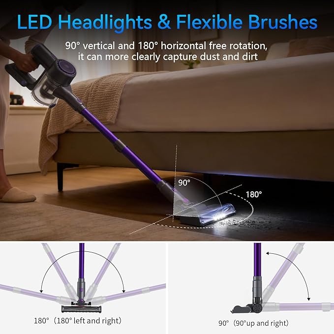 BlueEpic Cordless Vacuum Cleaner, 40KPA 45Mins Rechargeable Vacuum Cordless, Stick Vacuum with 2 Adjustable Modes, Handheld Vacuum for Home/Pet Hair/Carpet/Floor (Purple)