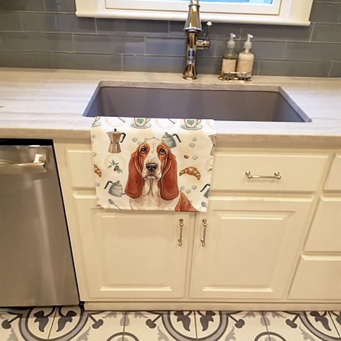 Caroline's Treasures Red and White Basset Hound Coffee Bar Kitchen Towel Velour Plush Front and Cotton Loop Back Machine Washable