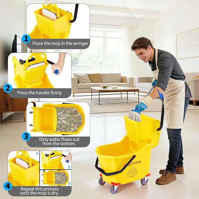 Commercial Mop Bucket with Wheels and Side Press Wringer, 35 Quart Large Capacity Floor Cleaning System for Janitorial, Kitchen, Restaurant, Office & Industrial Use, Yellow