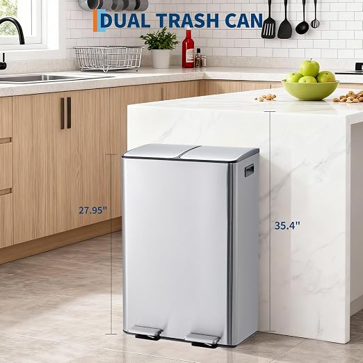 Garvee Kitchen Trash Can with Lid, 16 Gal / 60L (2 x 8 Gal) Dual Compartment Stainless Steel Garbage and Recycling Bin Combo with Independent Step Pedals & Removable Inner Buckets