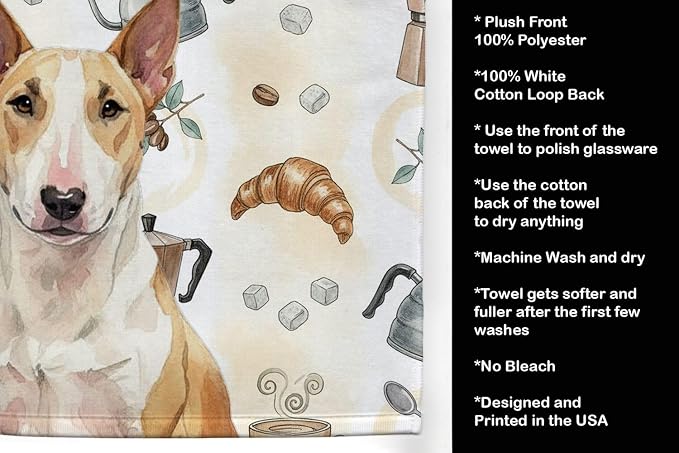 Caroline's Treasures Fawn and White Bull Terrier Coffee Bar Kitchen Towel Velour Plush Front and Cotton Loop Back Machine Washable