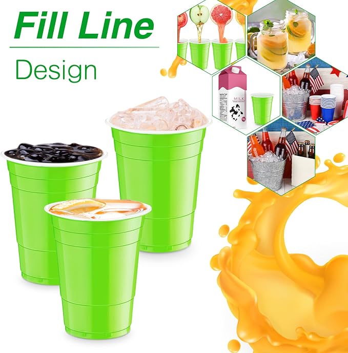 Lounsweer 100 Pcs 16 oz Disposable Party Cups Plastic Heavy Duty Drinking Water Cups for Birthday Baby Shower Wedding BBQ Picnic Party Supplies(Fluorescent Green)