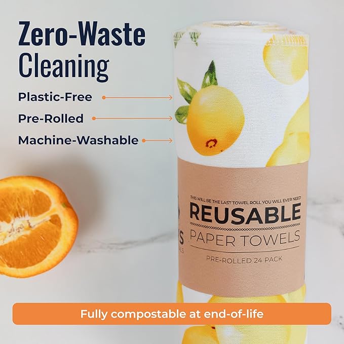 Zero Waste Reusable Paper Towels, Organic Cotton Flannel Wipes for Kitchen, Bathroom, Hand Drying, Pet Messes, and Counter Cleaning, Lemons, 24-Pack Gift Set