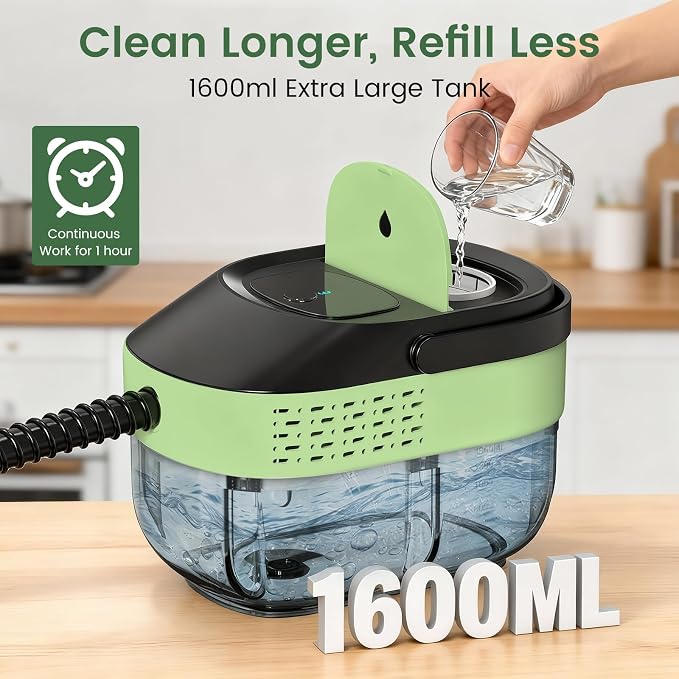Pressurized Steam Cleaner 1.6L, 3-Level Adjustable Steamer for Cleaning, 10s Heat-Up, 2500W Handheld Steamer Cleaner for Home, Car, Kitchen, Floor, Multi-Surface Cleaning Machine (Black & Green)