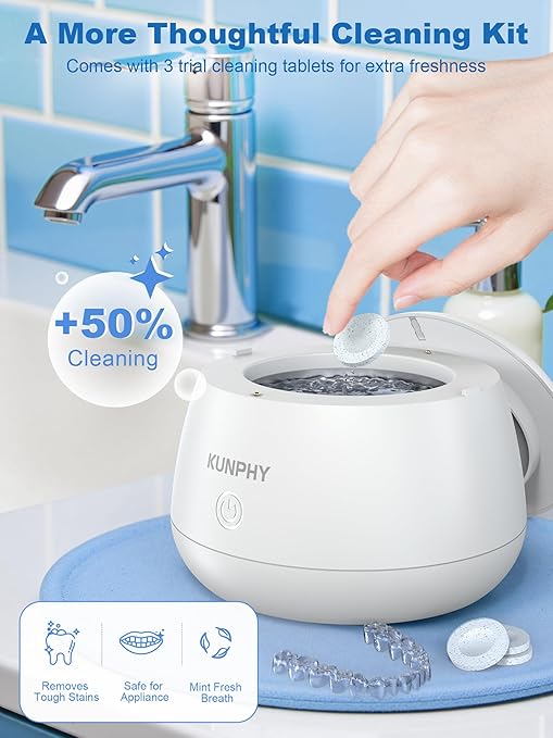 KUNPHY Ultrasonic Retainer Cleaner Machine, 48kHz Dental Cleaning Pod for Braces, Night Guard, Mouthguard, Toothbrush, Denture, Jewelry White