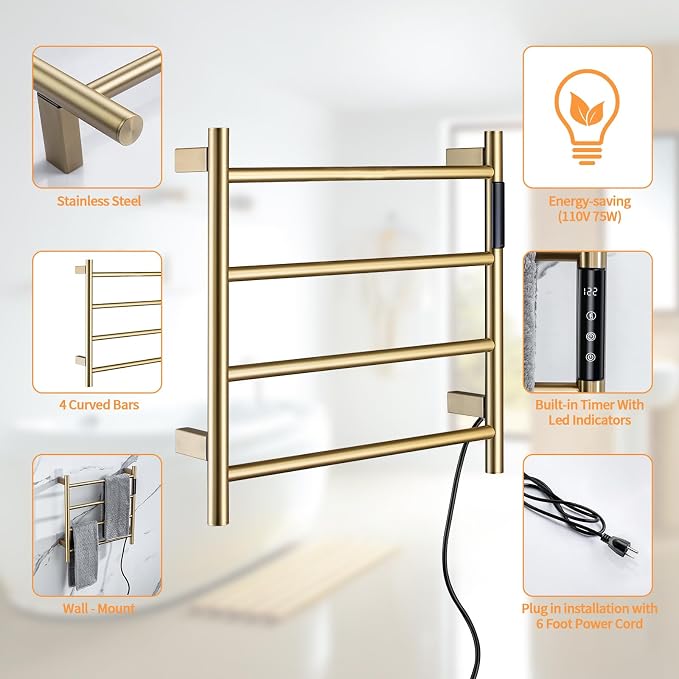 Heated Towel Rack, 4 Bar Wall Mounted Towel Warmer with Timer, Plug in/Hardwired Towel Dryer for Bathroom, Gold