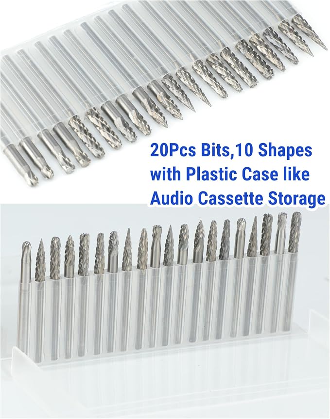 Sworker 20 Pcs Carbide Burr Set 1/8" Shank Compatible with Dremel Bits Rotary Tools Attachment Kit Rasp Drill File Accessories Metal Wood Stone Steel Grinding Carving Cutting Polishing Solid Tungsten