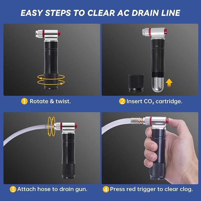 Upgraded Drain Device, AC Drain Line Cleaner Device, AC Drains Line Unclogger Tool, with 6 Unthreaded CO2 Cartridges, with a Flexible Hose to Clear All HVAC Clogs,16 Gram Unthreaded CO2,Black&Red